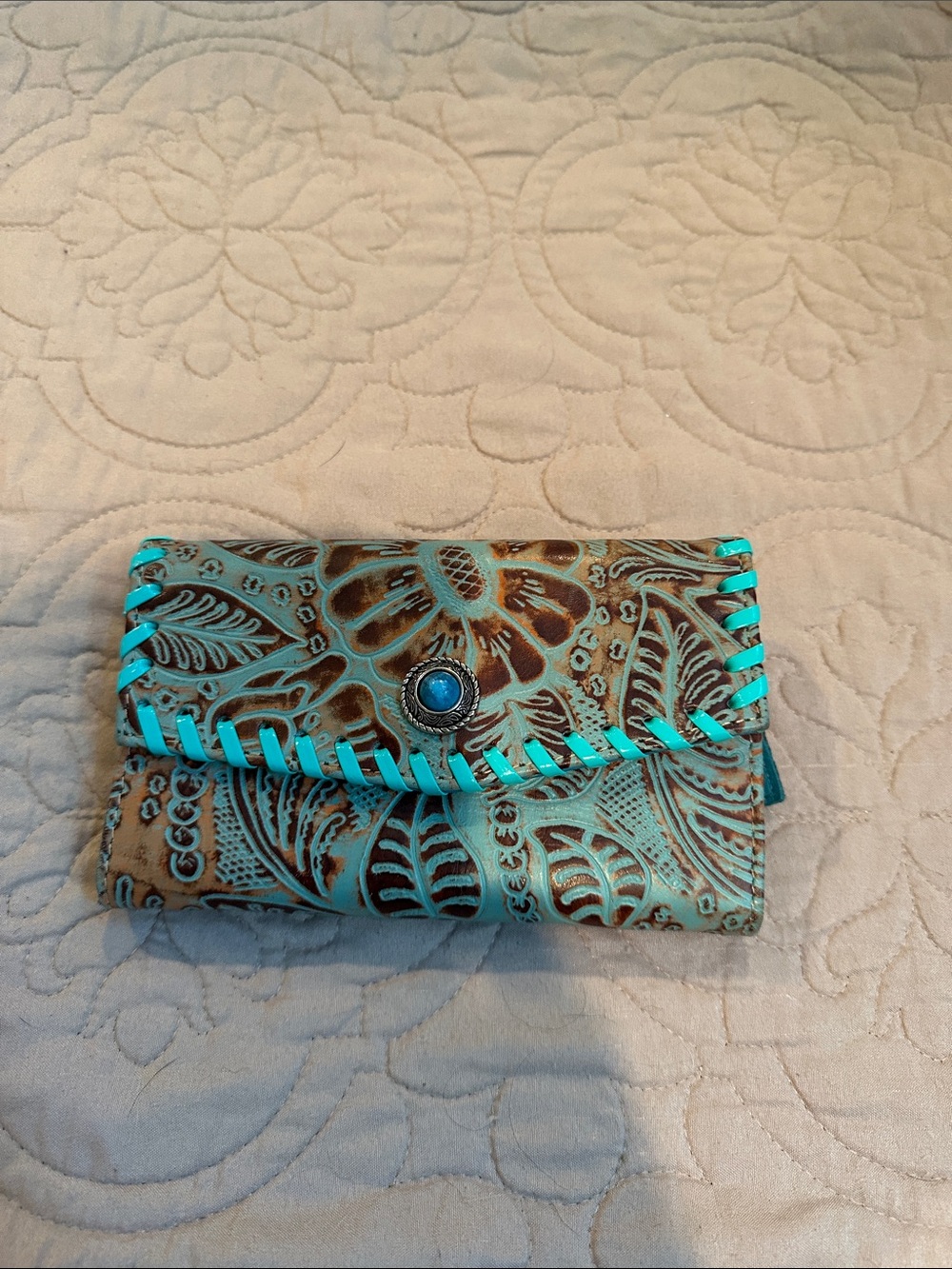 Myra Bag Turquoise-Trim Tooled Floral Leather Wallet